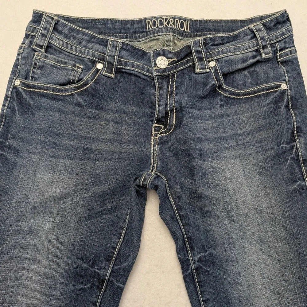Rock & Roll Cowgirl Bootcut Jeans Women(32X33) Dark Wash‎ Blue Embroidered